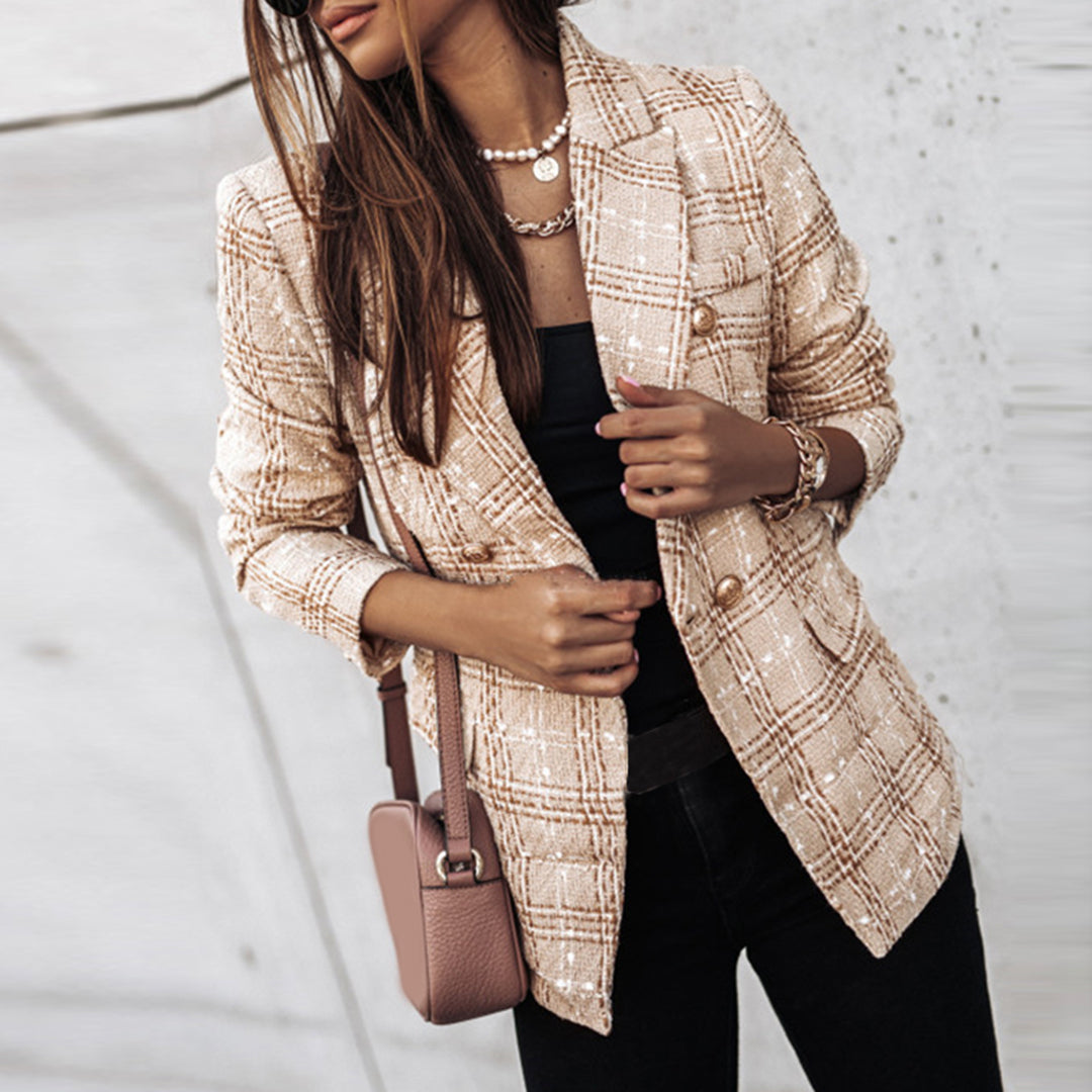 Blazer - Eleganter, karierter Blazer mit Knopfleiste und Taschen für Damen-Leyna Moda