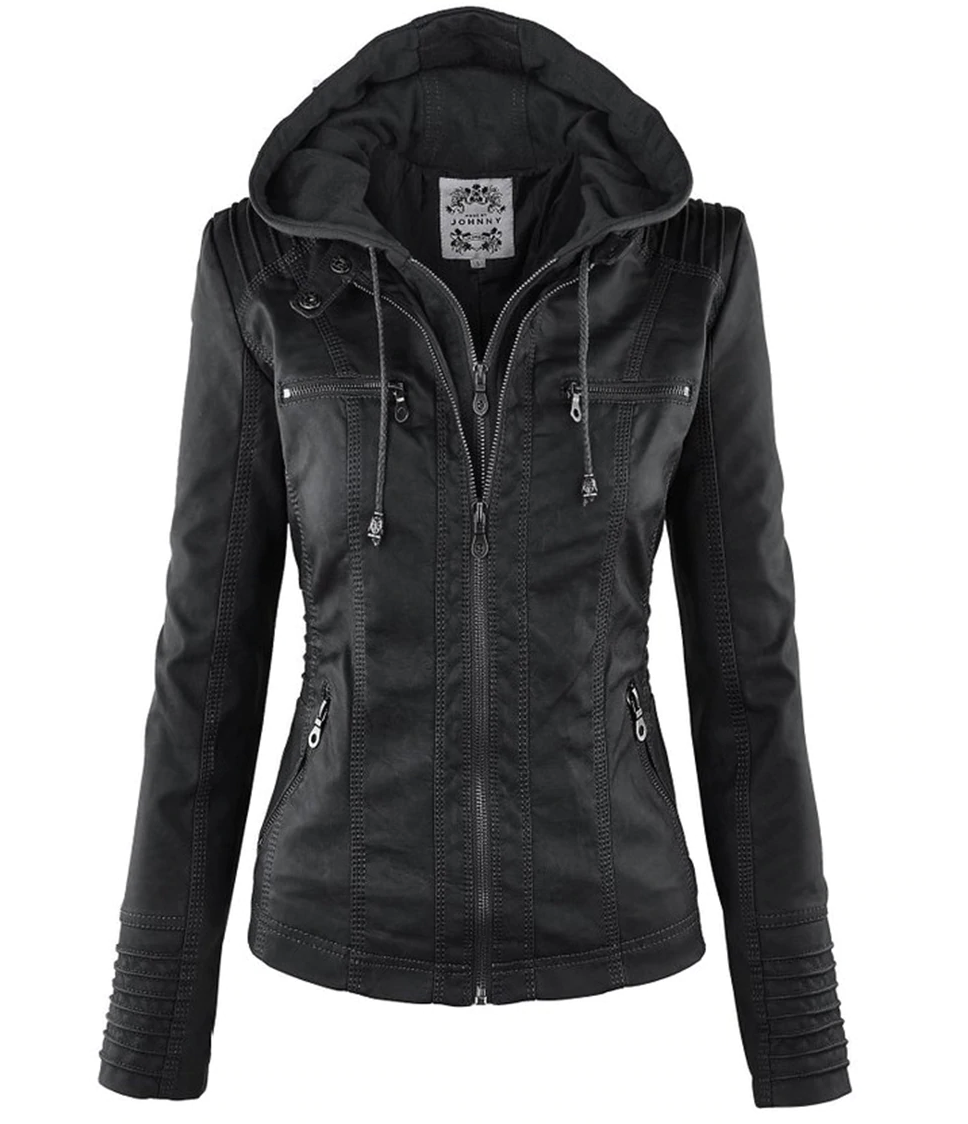 Schwarze Lederjacke mit Kapuze für Damen