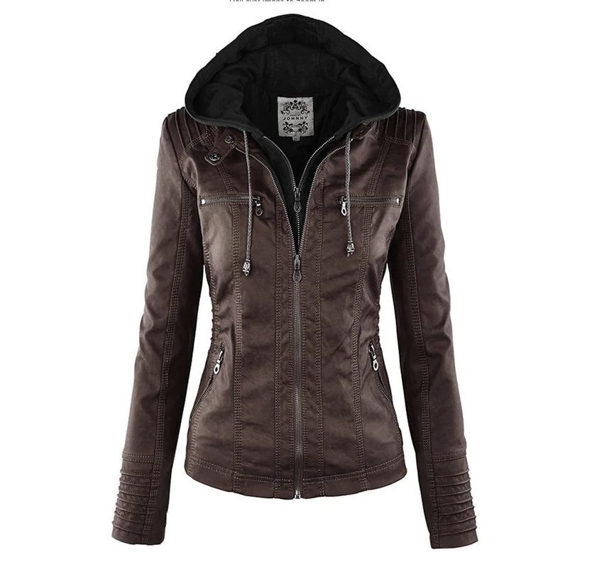 Braune Lederjacke mit Kapuze für Damen