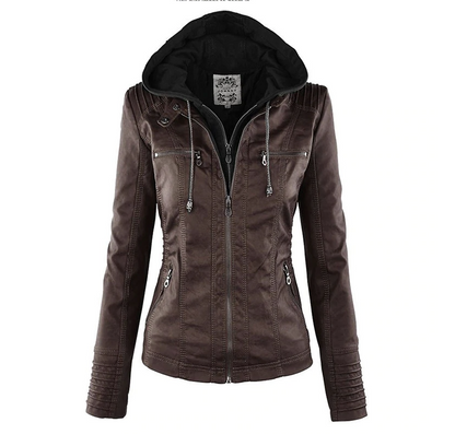 Braune Lederjacke mit Kapuze für Damen