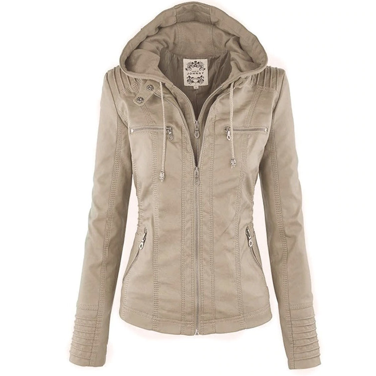 Beige Lederjacke mit Kapuze für Damen