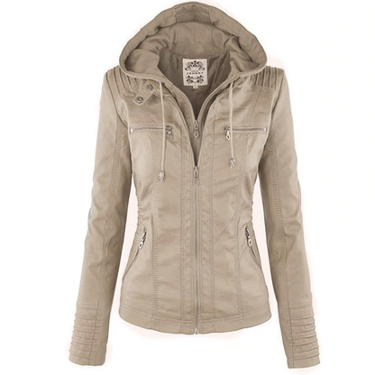 Beige Lederjacke mit Kapuze für Damen