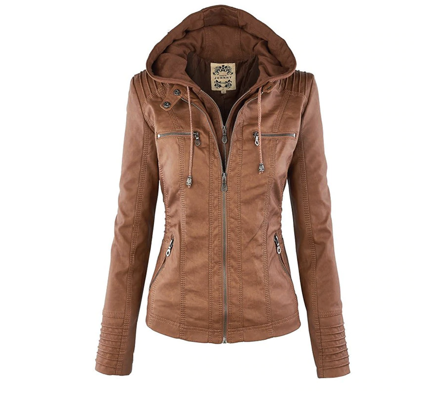 Braune Lederjacke mit Kapuze für Damen