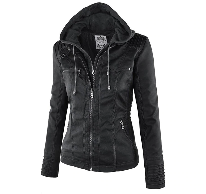 Schwarze Lederjacke mit Kapuze für Damen