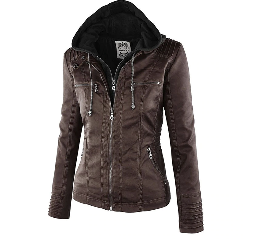 Braune Lederjacke mit Kapuze für Damen