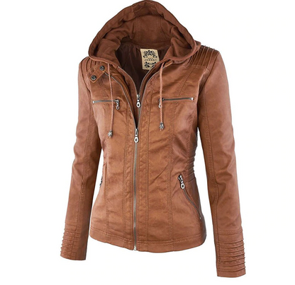 Braune Lederjacke mit Kapuze für Damen