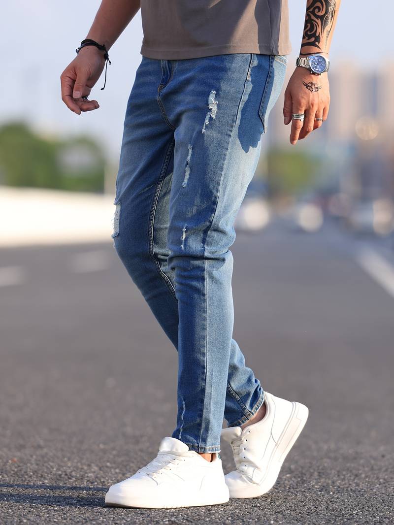 Tiefes Himmelblau Zerrissene Jeans für Herren