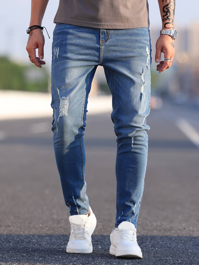 Tiefes Himmelblau Zerrissene Jeans für Herren