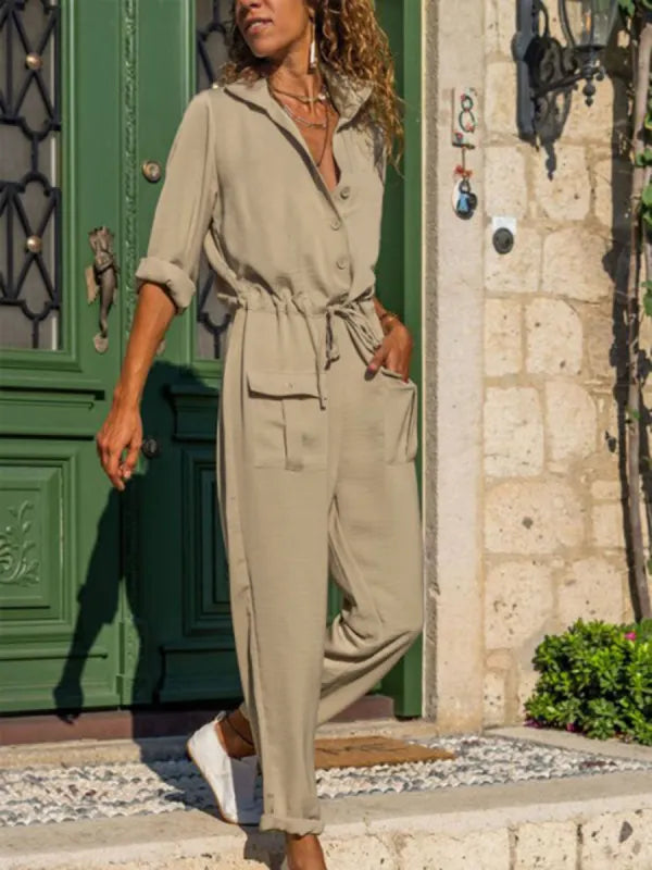 khaki Jumpsuit mit langen Ärmeln