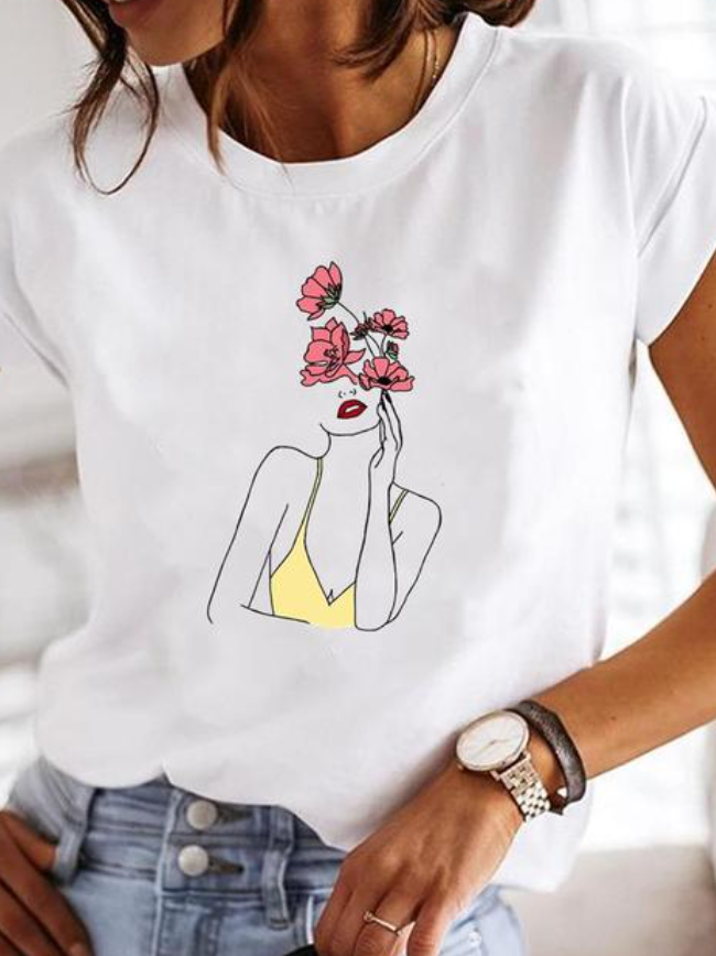 Frau mit Blumen Bedrucktes T-Shirt für Damen