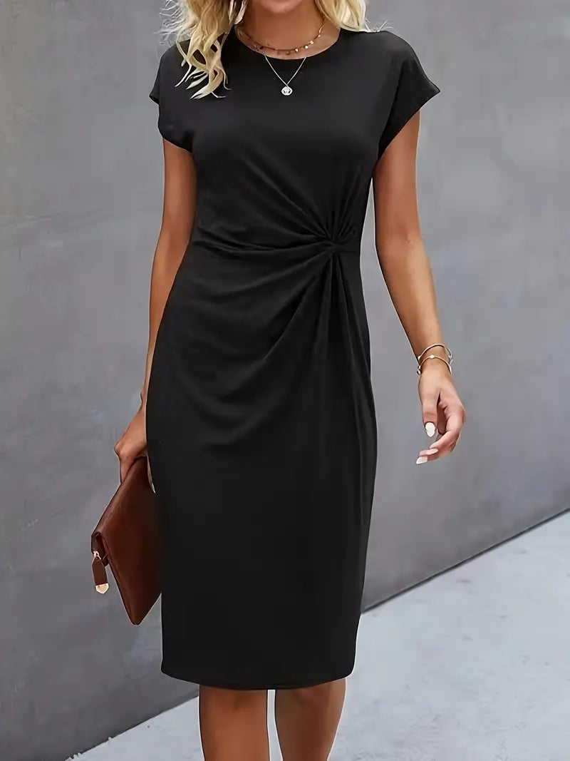 Schwarze Midi Kleid für Damen mit kurzen Ärmeln