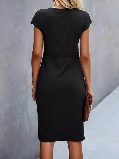 Schwarze Midi Kleid für Damen mit kurzen Ärmeln