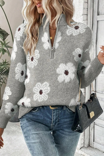 Margaret| pullover mit blumenmuster und halbem reißverschluss