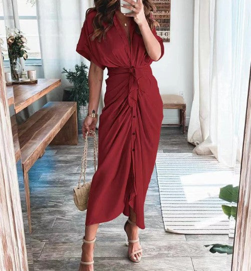 Ava – bedrucktes maxikleid mit kurzen armeln und bindeknopf an der taille