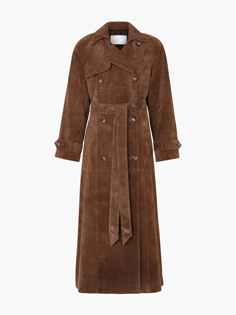 Trenchcoat aus Wildleder – braun – zweireihig – langer Trenchcoat – Damenmäntel-Leyna Moda