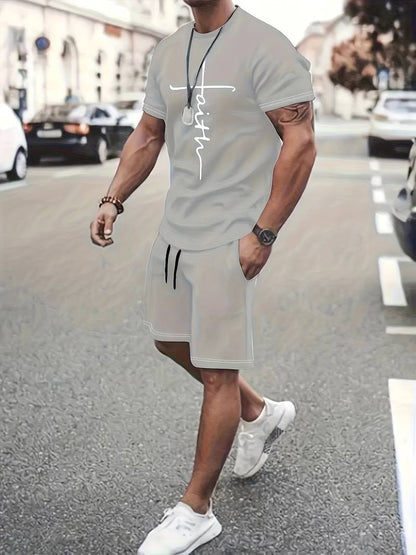 Grau Herren Summer Set, bestehend aus einem Kurzarm-T-Shirt und Shorts mit Faith Print