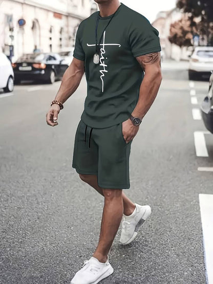 Grün Herren Summer Set, bestehend aus einem Kurzarm-T-Shirt und Shorts mit Faith Print