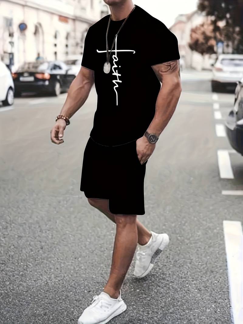 Schwarze Herren Summer Set, bestehend aus einem Kurzarm-T-Shirt und Shorts mit Faith Print