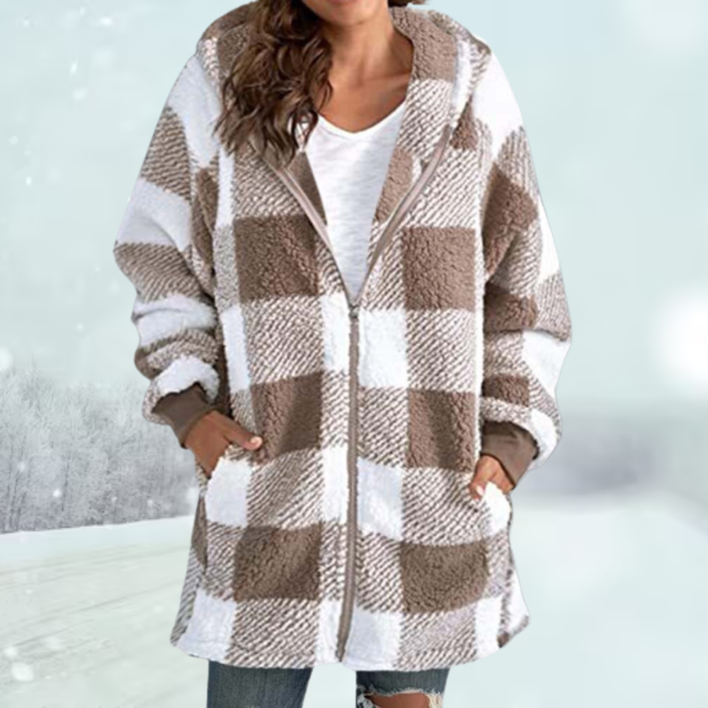 Wintermantel - Kapuze - Kariert - Fleecejacke - Damenjacke-Leyna Moda