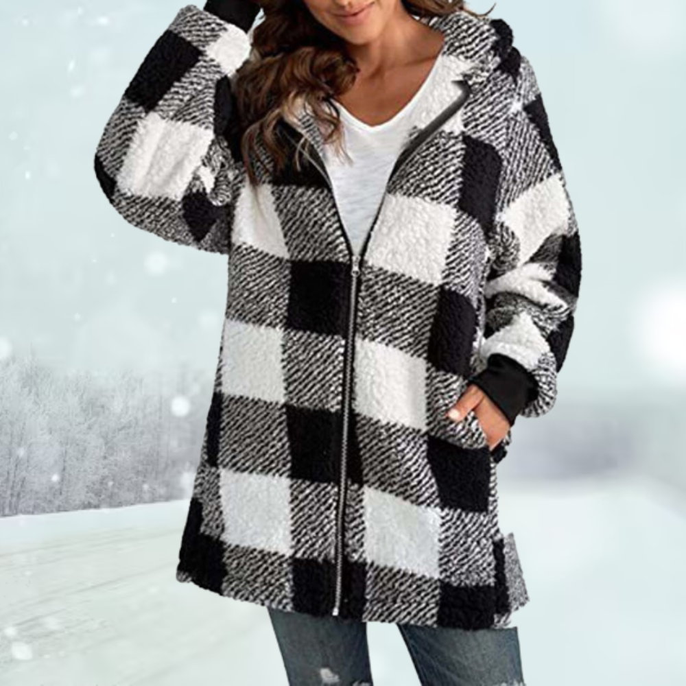 Wintermantel - Kapuze - Kariert - Fleecejacke - Damenjacke-Leyna Moda