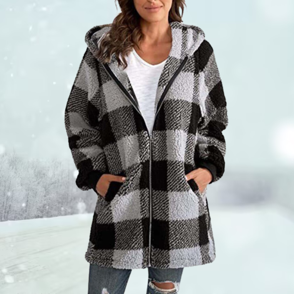 Wintermantel - Kapuze - Kariert - Fleecejacke - Damenjacke-Leyna Moda