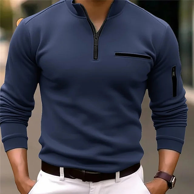 Ben - sport-poloshirt mit stehkragen und reißverschluss, langärmlig, einfarbig