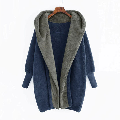 Charlottes - Plüschiger Damen Cardigan-Mantel Aus Farbiger Wollmischung Mit Kapuze Und Lockerer Passform