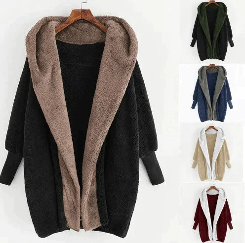 Charlottes - Plüschiger Damen Cardigan-Mantel Aus Farbiger Wollmischung Mit Kapuze Und Lockerer Passform